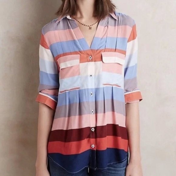 Anthropologie Maeve Pink and Blue Striped Buttondown Blouse - Picture 1 of 9